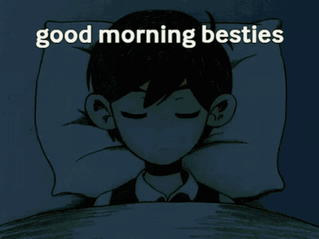 a cartoon of a boy laying in bed with the words good morning besties above him