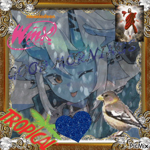 a picture of a girl and a bird with the words tropical on it