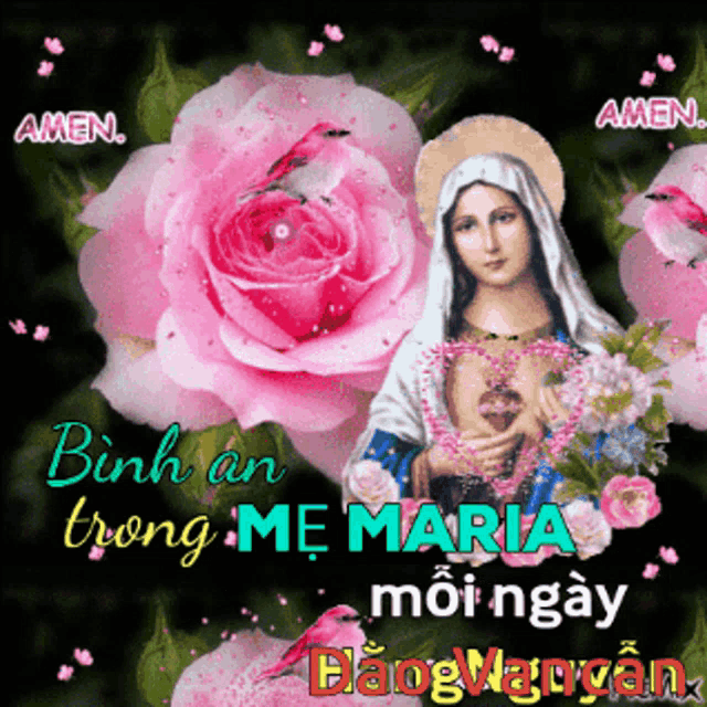 a picture of a woman surrounded by pink roses with the words amen