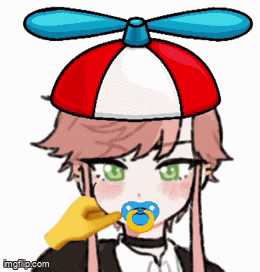 a girl with a pacifier in her mouth is wearing a hat with a propeller .