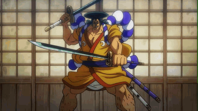 a cartoon character is holding two swords in his hands