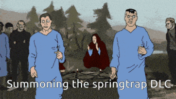 a cartoon shows a group of people and the words summoning the springtrap dlc