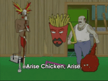 a cartoon says arise chicken arise in front of two men