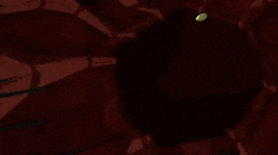 a cartoon robot is flying through the air with a glowing sword .