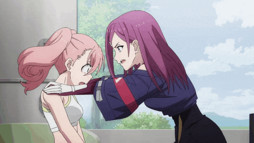 a girl with purple hair is being held by another girl with pink hair