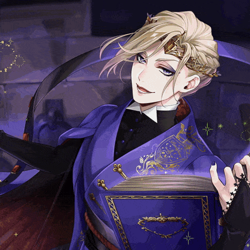 a man in a purple robe holds a book