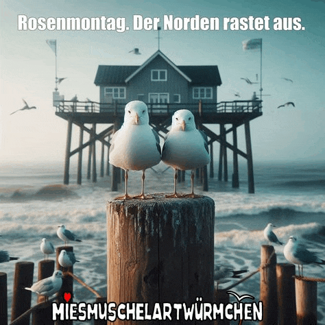 a couple of seagulls standing on a wooden post in front of a house