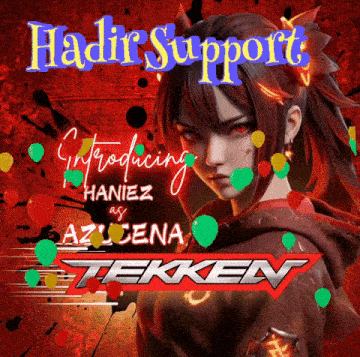 a poster for tekken shows a girl with red hair and balloons
