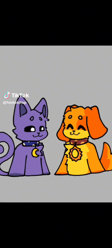 a purple cat and a yellow dog are standing next to each other on a gray background .