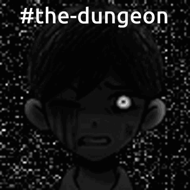 a black and white image of a boy with glowing eyes and the words the-dungeon written above him .