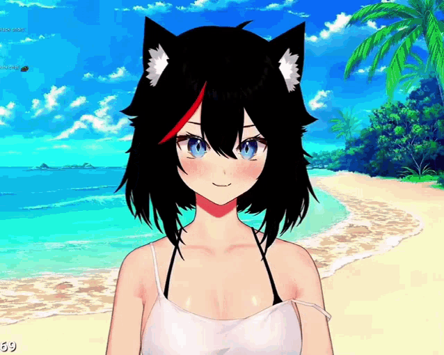 a girl with cat ears is standing on a beach with the number 69 on the bottom right