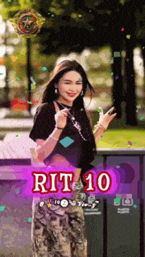 a woman in a black shirt is standing in front of a sign that says rit 10