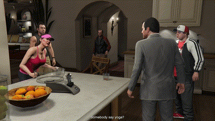 a woman in a pink tank top is talking to a man in a suit in a kitchen