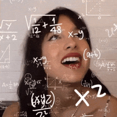 a woman is surrounded by mathematical equations including x-y