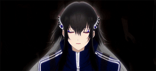 a girl with long black hair is wearing a blue headband with circles on it