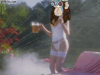 a cartoon of a woman with a monkey on her head holding a glass of beer with the website gifbin.com in the background
