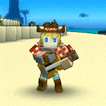 a cartoon character wearing a cowboy hat is holding a hammer and shield .