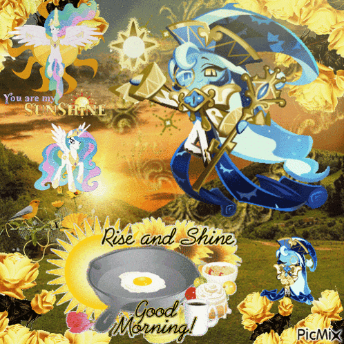 a collage of images with the words rise and shine good morning