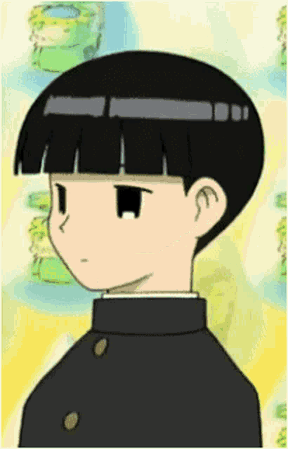 a cartoon drawing of a boy with short black hair and a black jacket