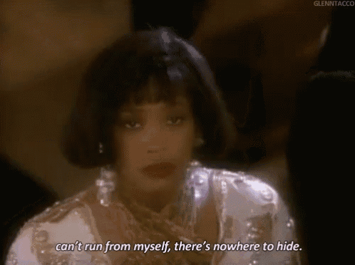a woman in a white dress is saying `` can 't run from myself , there 's nowhere to hide ''