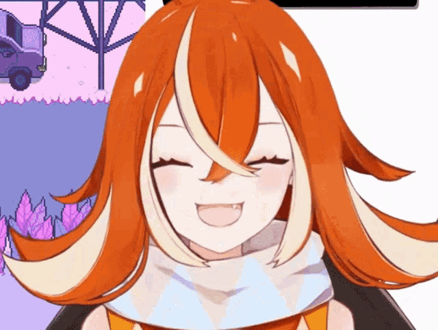 a girl with orange hair is smiling in front of a video game background