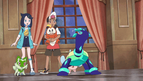 a group of cartoon characters are standing in front of a window with a turtle in the foreground