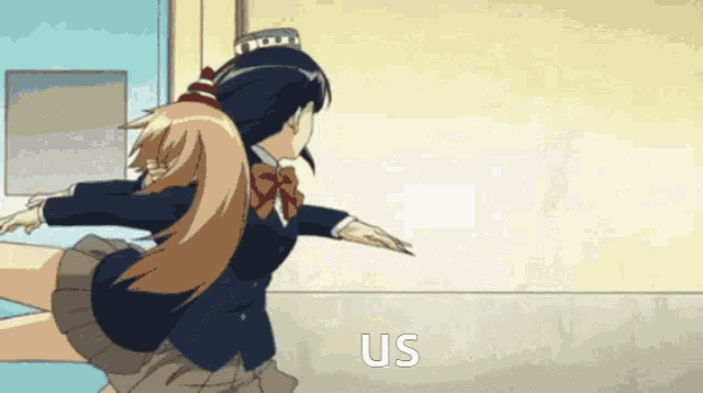 a cartoon of a girl with the word us in white letters