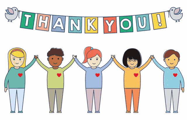 a group of children holding hands under a banner that says thank you