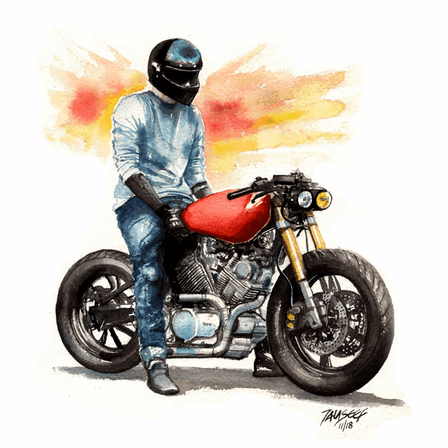 a painting of a man sitting on a yamaha motorcycle with the year 2018 on the bottom