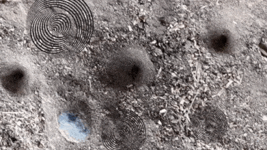 a black and white photo of a pile of dirt with holes in it