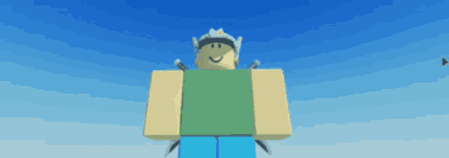 a roblox character wearing a green shirt and blue shorts stands in front of a blue sky