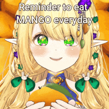 a picture of a girl holding a mango with the words reminder to eat mango everyday on it