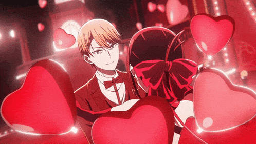 a man and a woman are surrounded by hearts