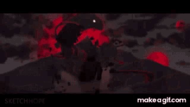 a drawing of a mountain range with red smoke coming out of it .