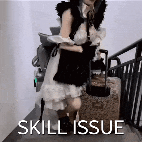 a woman in a maid costume is carrying a suitcase with the words skill issue written on the bottom