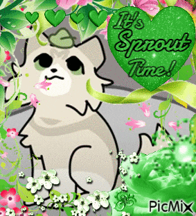 a picture of a cat with a green heart that says it 's sprouting time