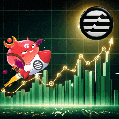 a cartoon character is flying through the air with a rocket and a rising graph
