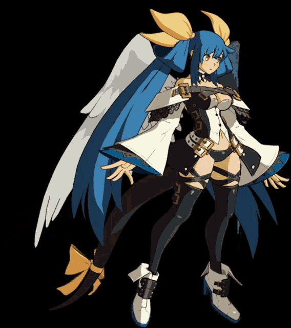 a cartoon drawing of a woman with blue hair and wings