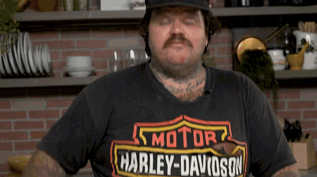 a man is wearing a harley davidson t-shirt and a hat
