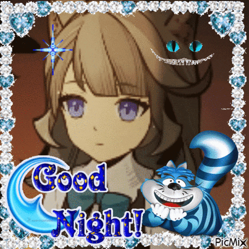 a picture of a girl and a cat with the words good night written on it