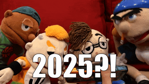 a group of stuffed animals are standing in front of a sign that says 2025 ?