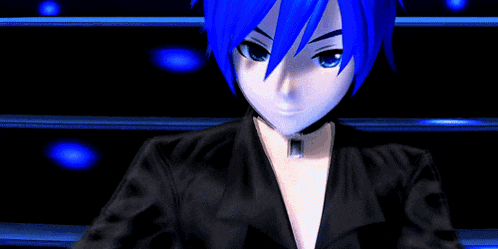 a blue haired anime character wearing a black jacket and choker