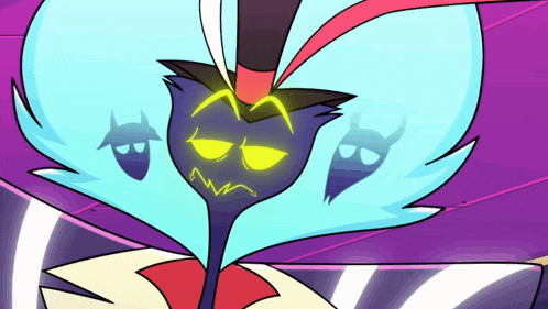 a cartoon character with blue hair and a top hat has a yellow face
