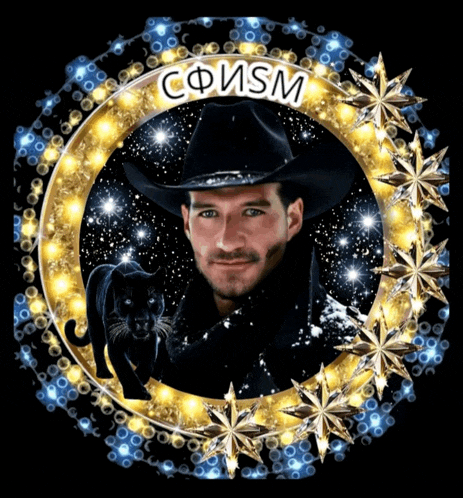 a picture of a man in a cowboy hat with a black panther in a circle with the word cfism above him