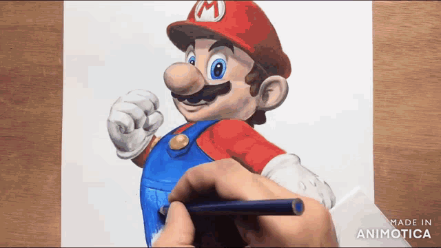 a person is drawing mario with a blue pencil