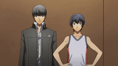 two anime characters standing next to each other with one wearing a white tank top with the letter s on it