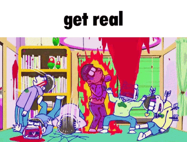 a group of cartoon characters are fighting in a room and the words get real are on the bottom