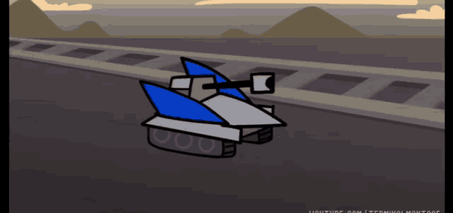 a cartoon drawing of a blue and white tank on a road with youtube.com at the bottom