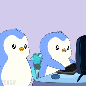 two penguins are sitting in front of a computer and the word pengu is on the bottom right