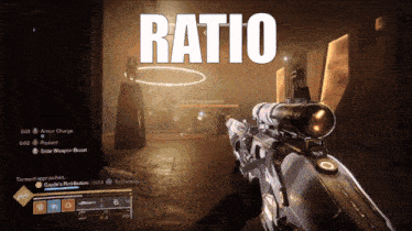 a person holding a gun in a video game with the word ratio above them